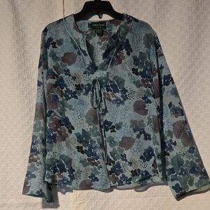 Linen Casual Floral Women's Blouse - Blue and Gray